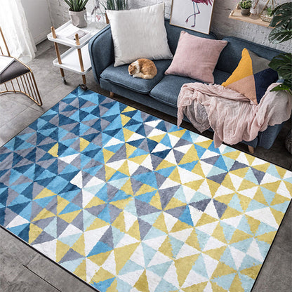 Frendorf | Blau- und Gelb Schlafzimmer Teppich Modern Geometrisches Dreiecks-Muster Bereichsteppich Polyester Maschinenwaschbar Rutschfester Teppich