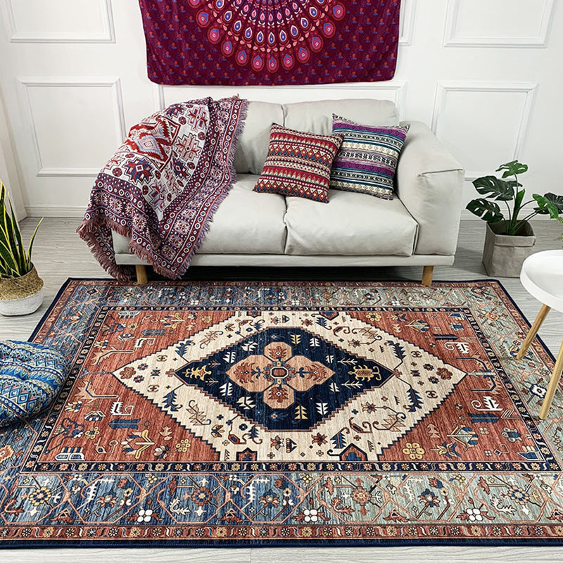Frendorf | Marokkanische Wohnzimmerteppich in Braun Medaillon Blumenmuster Teppich Polyester rutschfest fleckenbeständiger Bereichsteppich