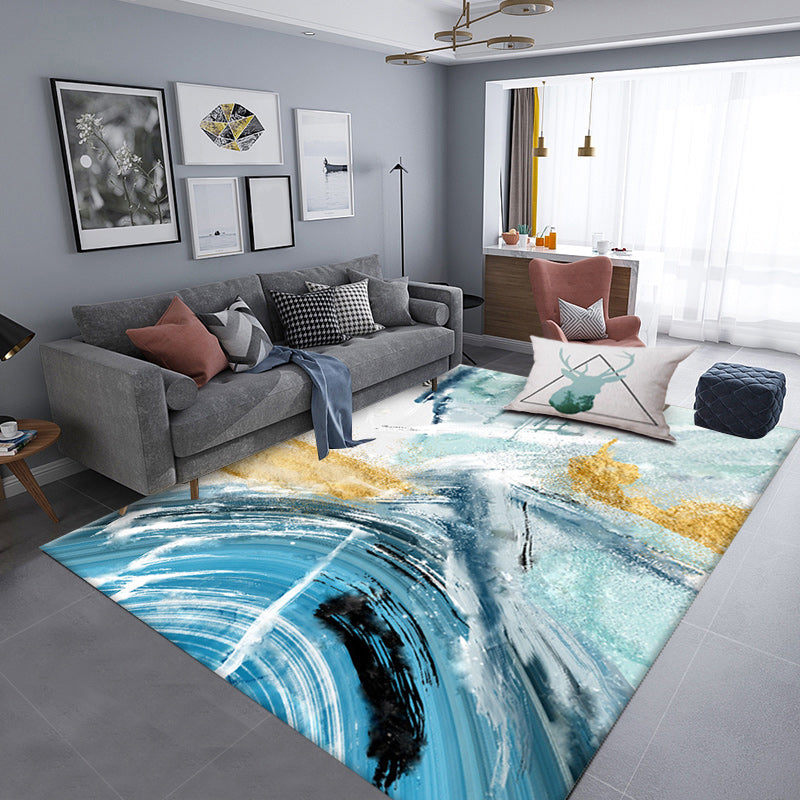 Frendorf | Blauer Einfacher Teppich Polyester Abstrakt Teppich Rutschfester Rücken Waschbarer Teppich für Wohnzimmer