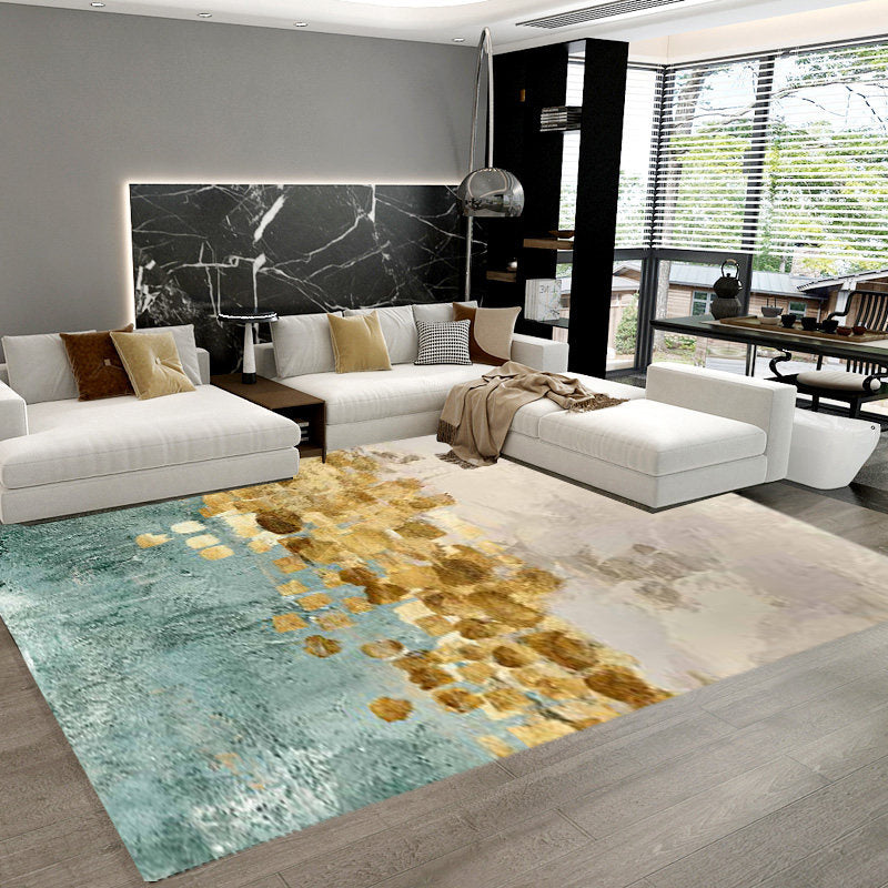 Frendorf | Blau und Gelb zeitgenössischer Teppich Polyester abstrakter Teppich rutschfeste Rückseite waschbarer Teppich für das Wohnzimmer