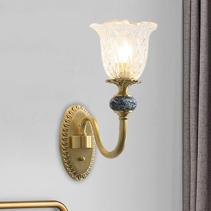 Frendorf | 1/2-Kopf Floral Wandmontage Lampe Klassischer Stil Messing Klar Geripptes Glas Wandleuchte mit Schwungarm