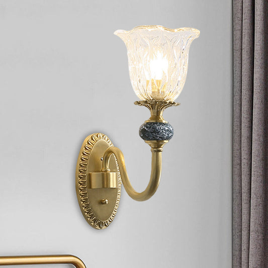 Frendorf | 1/2-Kopf Floral Wandmontage Lampe Klassischer Stil Messing Klar Geripptes Glas Wandleuchte mit Schwungarm