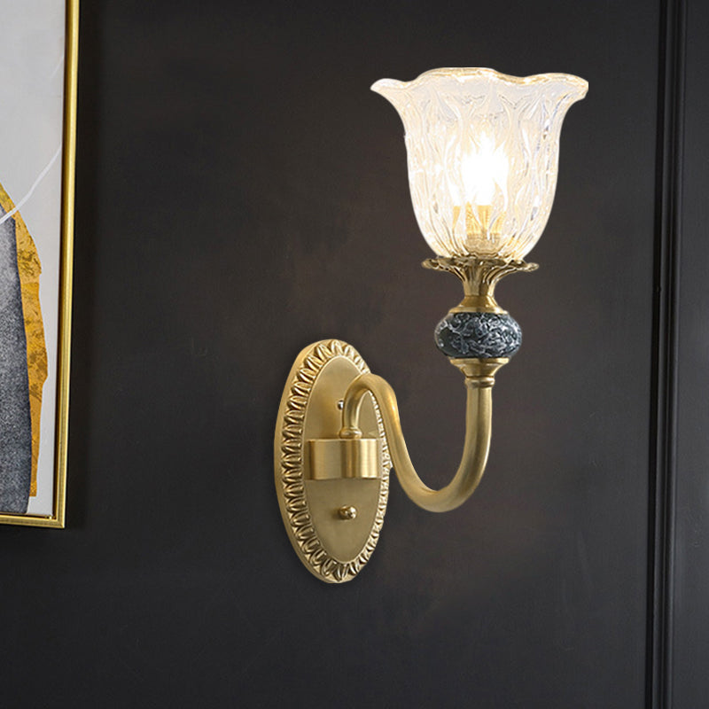 Frendorf | 1/2-Kopf Floral Wandmontage Lampe Klassischer Stil Messing Klar Geripptes Glas Wandleuchte mit Schwungarm