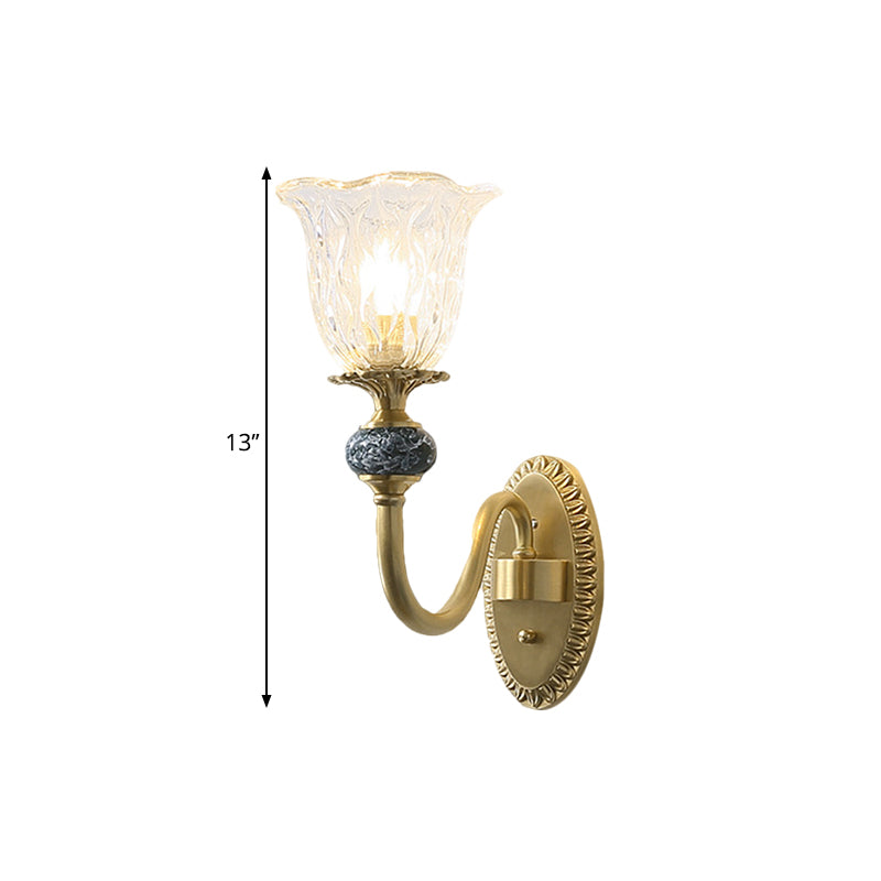 Frendorf | 1/2-Kopf Floral Wandmontage Lampe Klassischer Stil Messing Klar Geripptes Glas Wandleuchte mit Schwungarm