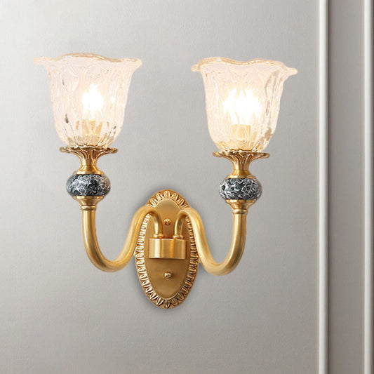 Frendorf | 1/2-Kopf Floral Wandmontage Lampe Klassischer Stil Messing Klar Geripptes Glas Wandleuchte mit Schwungarm