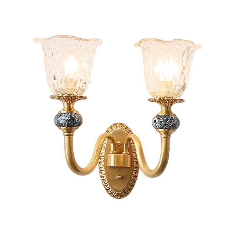 Frendorf | 1/2-Kopf Floral Wandmontage Lampe Klassischer Stil Messing Klar Geripptes Glas Wandleuchte mit Schwungarm