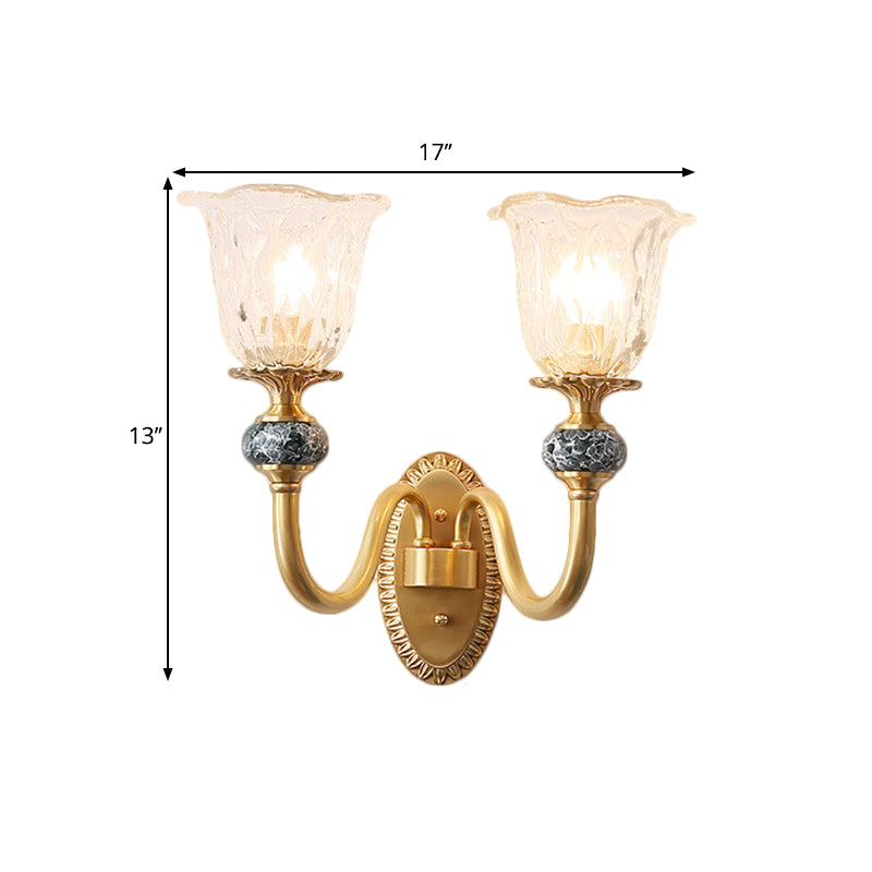 Frendorf | 1/2-Kopf Floral Wandmontage Lampe Klassischer Stil Messing Klar Geripptes Glas Wandleuchte mit Schwungarm