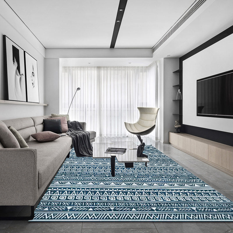Frendorf | Tribal Süd-West Teppich in blauen Streifen Dreieck Griechisches Schlüssel Muster Teppich Polyester rutschfest Wohnzimmer Teppich für Wohnkultur