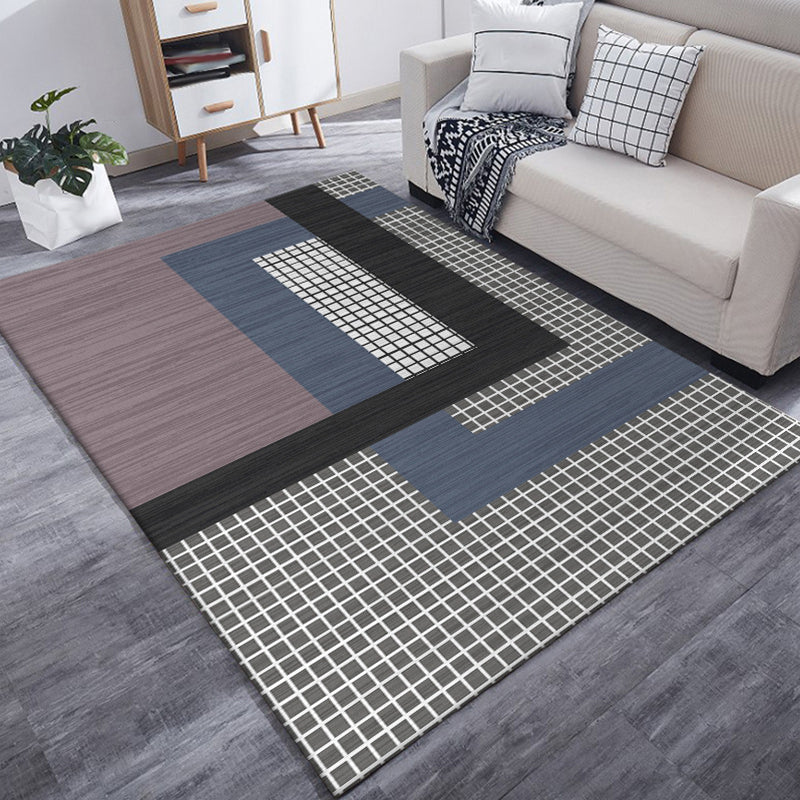 Grau und Lila Schlafzimmer Teppich Moderner Farbblock Kleiner Karomuster Teppich Polyester Haustierfreundlicher Teppich
