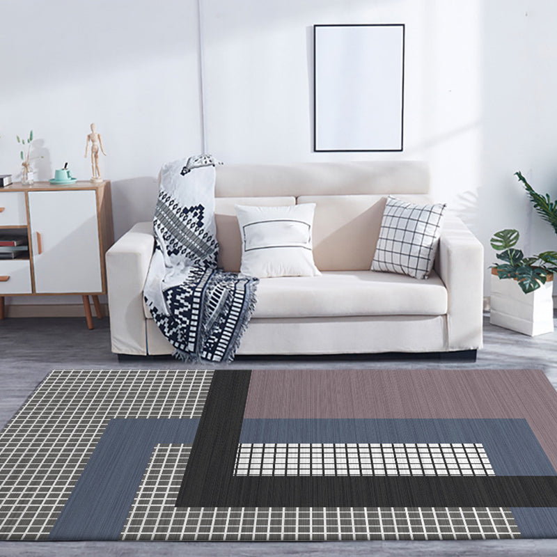 Grau und Lila Schlafzimmer Teppich Moderner Farbblock Kleiner Karomuster Teppich Polyester Haustierfreundlicher Teppich