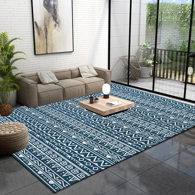 Frendorf | Amerikanischer Southwestern Teppich in blauen Streifen, griechische Schlüssel, Wellenmuster, Teppich, Polyester, waschbarer Teppich für Wohnkultur