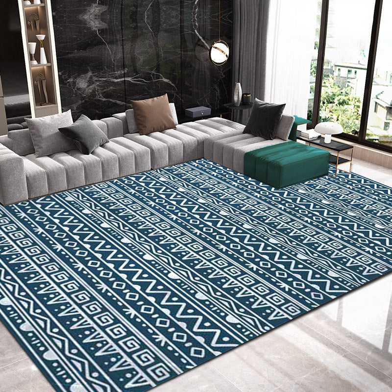 Frendorf | Amerikanischer Southwestern Teppich in blauen Streifen, griechische Schlüssel, Wellenmuster, Teppich, Polyester, waschbarer Teppich für Wohnkultur