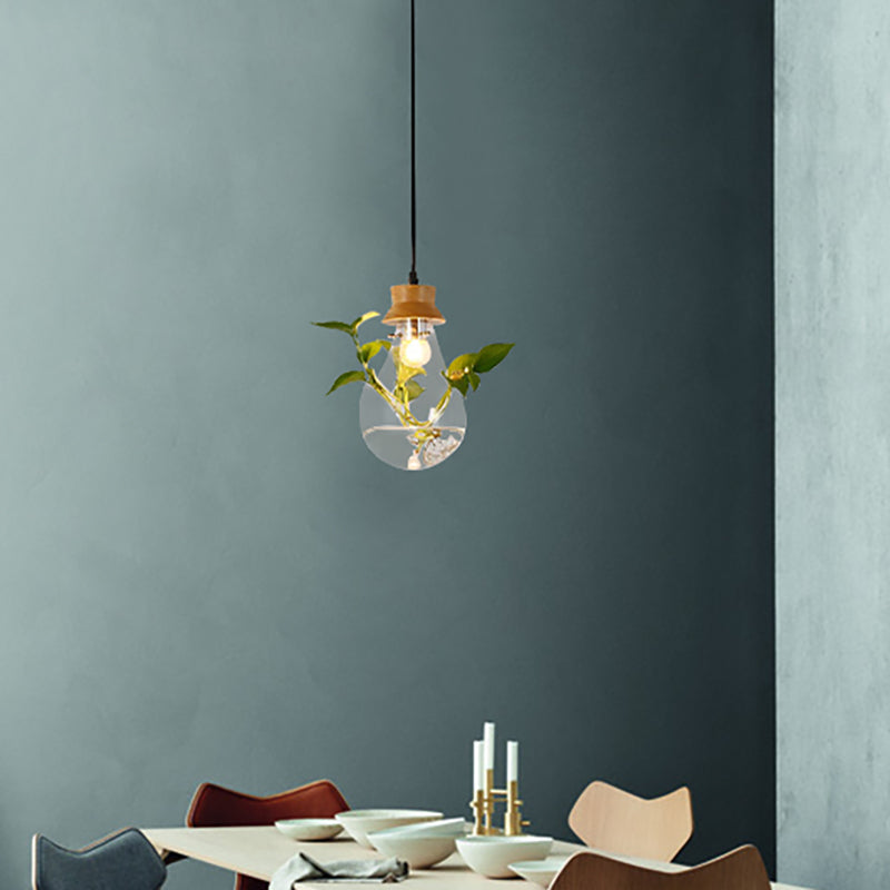 Exposed Bulb Esszimmer Hängelampe Kit Industrie Klar Glas 1 Licht Holz Pendelleuchte mit Kapuze