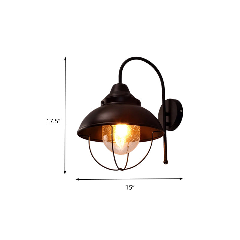 Frendorf | Farmhouse Dome Wandlamp 1 Licht Metaal Wandverlichting met Kooi en Gezaagd Glazen Kap in Zwart