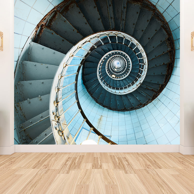 Blaue Spiraltreppe Tapete Wandbild Aufwärts Sicht Modern Fleckenfest Wandkunst für Schlafzimmer