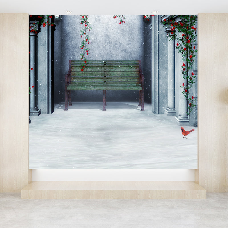 Frendorf | Winter Backyard Mural Decal Contemporary Non-Woven Textured Wall Covering in Green