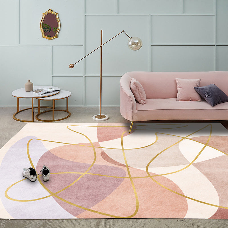 Frendorf | Scandinavian Novelty Rug in Pink Colorblock Line Pattern Rug Polyester Machine Washable Carpet for Home Decoration
