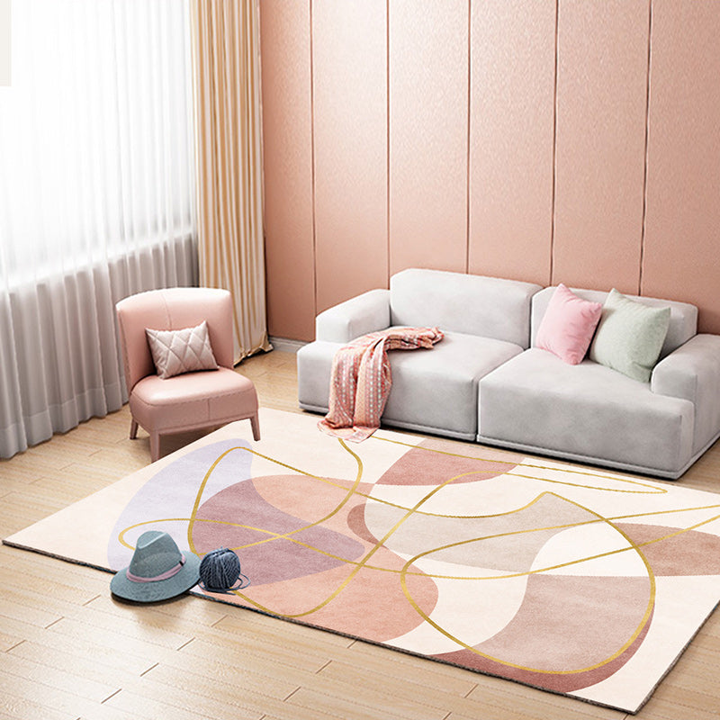Frendorf | Scandinavian Novelty Rug in Pink Colorblock Line Pattern Rug Polyester Machine Washable Carpet for Home Decoration
