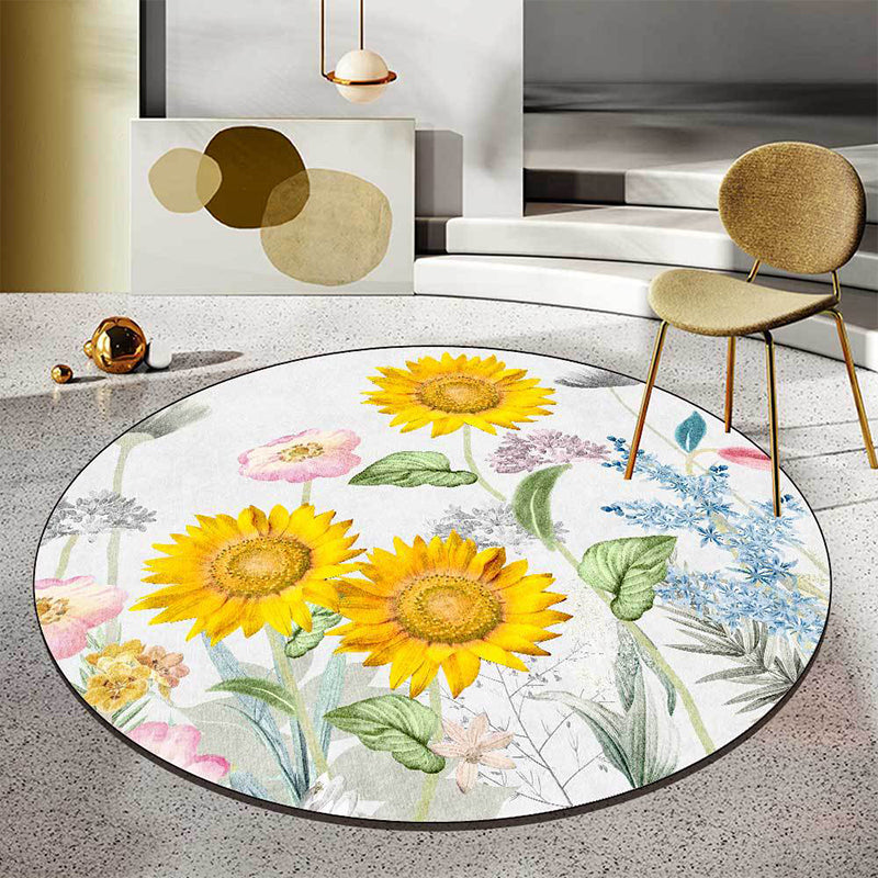 Frendorf | Klassisches Blumenmuster Teppich Weiß und Gelb Französisches Landhaus Teppich Polyester Waschbar Rutschfeste Unterlage Teppich für Wohnzimmer