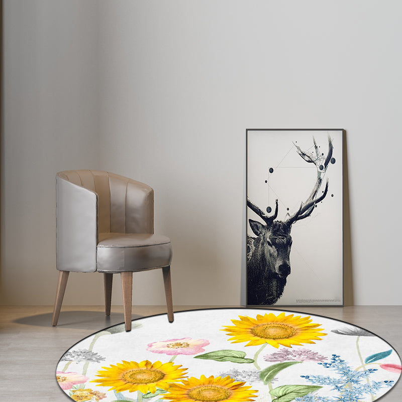 Frendorf | Klassisches Blumenmuster Teppich Weiß und Gelb Französisches Landhaus Teppich Polyester Waschbar Rutschfeste Unterlage Teppich für Wohnzimmer
