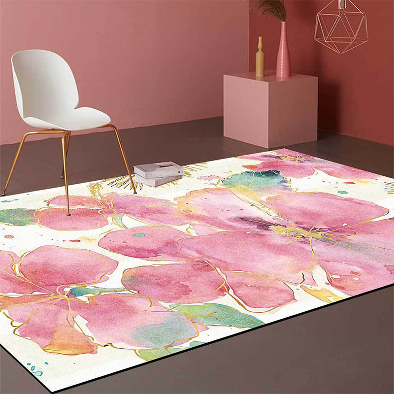 Frendorf | Französische Country Floral Muster Teppich Rosa und Weiß Polyester Teppich Maschinenwaschbar Anti-Rutsch Rücken Bereich Teppich für Wohnzimmer