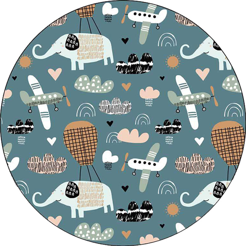 Frendorf | Kinderzimmer Teppich in Teal Tier Elefant Flugzeug Herz Druck Teppich Polyester Fleckenresistenter Teppich