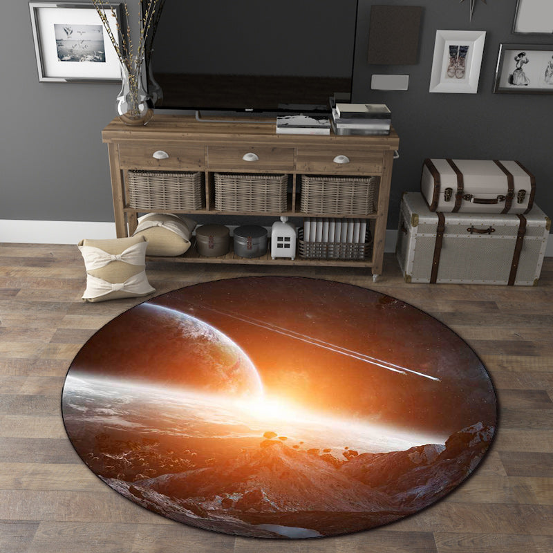 Frendorf | Schwarzer und orangefarbener Schlafzimmerteppich moderner Weltraumplanet-Musterbereichsteppich aus Polyester waschbar fleckenresistenter Teppich