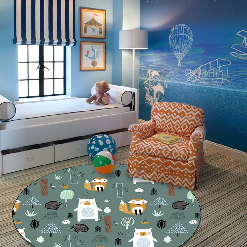 Frendorf | Kinder Schlafzimmer Teppich in grünem Tier Fuchs Bär Baum Druck Teppich Polyester haustierfreundlicher Bereichsteppich
