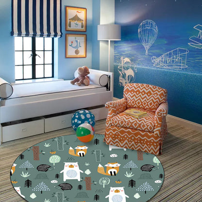 Frendorf | Kinder Schlafzimmer Teppich in grünem Tier Fuchs Bär Baum Druck Teppich Polyester haustierfreundlicher Bereichsteppich