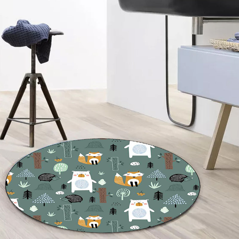 Frendorf | Kinder Schlafzimmer Teppich in grünem Tier Fuchs Bär Baum Druck Teppich Polyester haustierfreundlicher Bereichsteppich