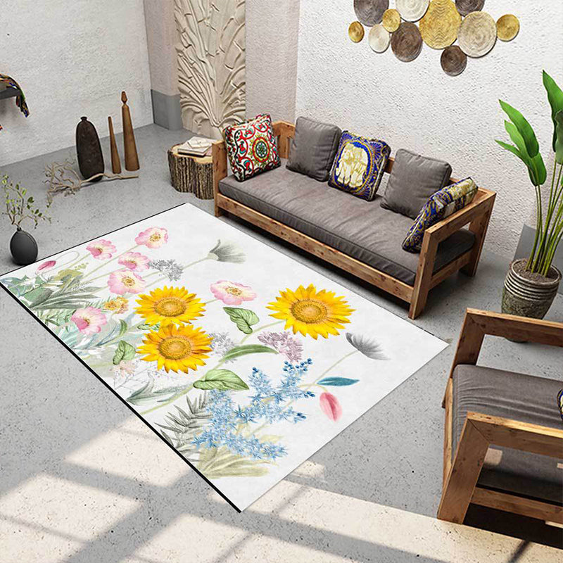 Frendorf | Französischer Landhaus Teppich in Weiß und Gelb Polyester Blumen- und Blättermuster Teppich Waschbar Rutschfeste Rückseite Bereichsteppich für Wohnzimmer