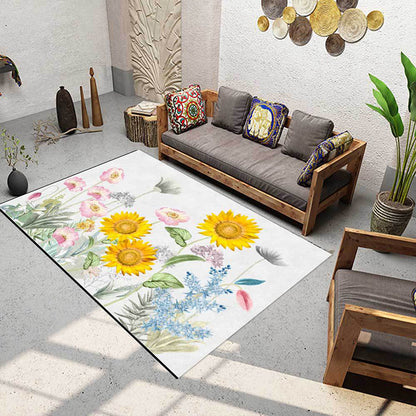 Frendorf | Französischer Landhaus Teppich in Weiß und Gelb Polyester Blumen- und Blättermuster Teppich Waschbar Rutschfeste Rückseite Bereichsteppich für Wohnzimmer