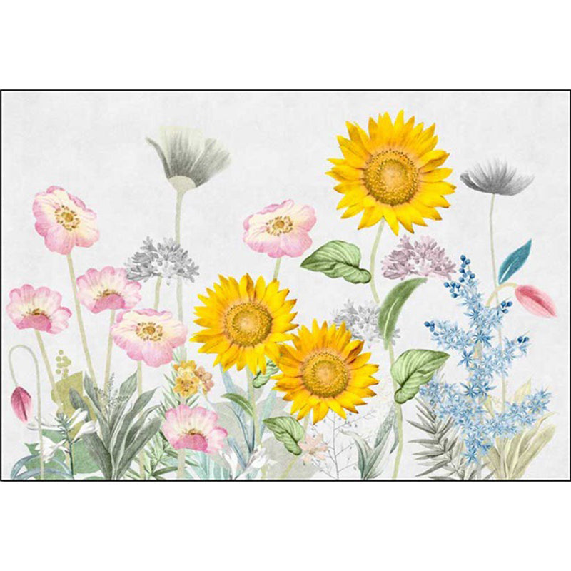 Frendorf | Französischer Landhaus Teppich in Weiß und Gelb Polyester Blumen- und Blättermuster Teppich Waschbar Rutschfeste Rückseite Bereichsteppich für Wohnzimmer