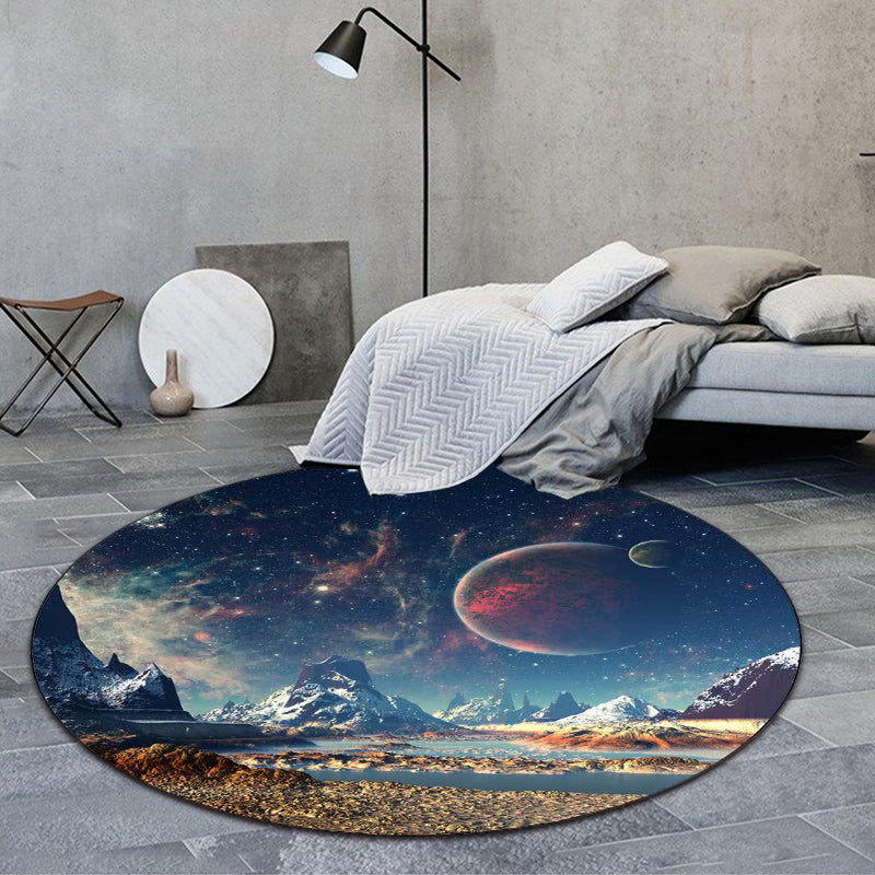Frendorf | Blauer Schlafzimmerteppich Moderner Raum-Galaxie-Planet-Muster Bereichsteppich Polyester Waschbar Rutschfester Teppich