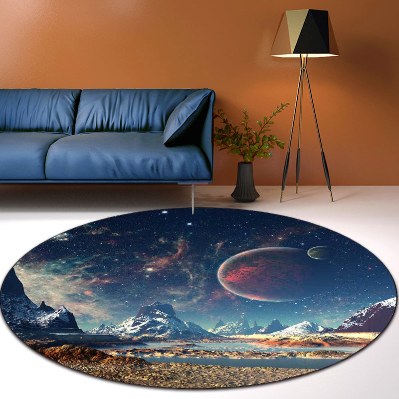 Frendorf | Blauer Schlafzimmerteppich Moderner Raum-Galaxie-Planet-Muster Bereichsteppich Polyester Waschbar Rutschfester Teppich
