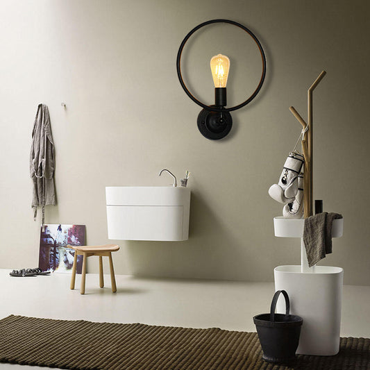 Frendorf | Runde Badezimmer Wandleuchte Industrie-Stil Metall 1 Glühbirne Schwarz Finish Wandleuchte