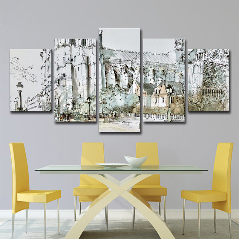 Frendorf | Grau Notre-Dame Wandkunst Mehrteilig Modernes Wohnzimmer Eingewickelte Leinwandmalerei