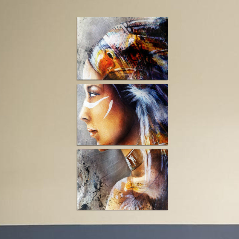 Frendorf | Indiase Meisje Zijkant Gezicht Schilderij Bruin Modernistische Canvas Muurkunst voor Hotel Gang