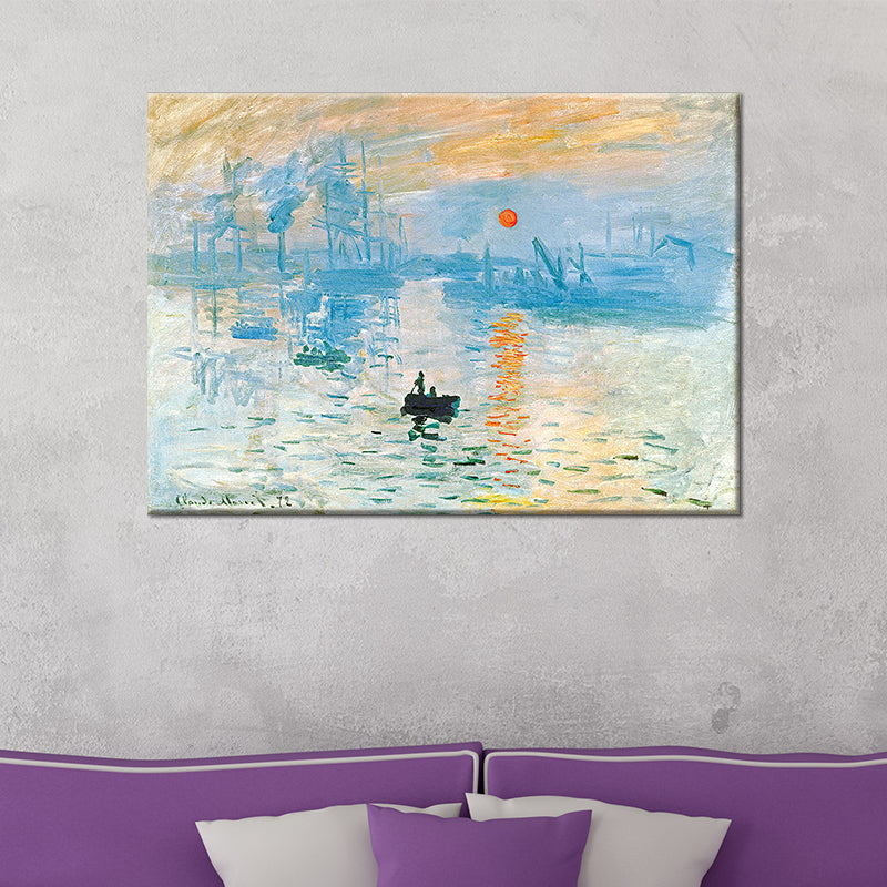 Frendorf | Blaue Landschafts Wandkunst Dekor Nachtfall Boot auf dem Fluss Modern Texturiertes Gemälde