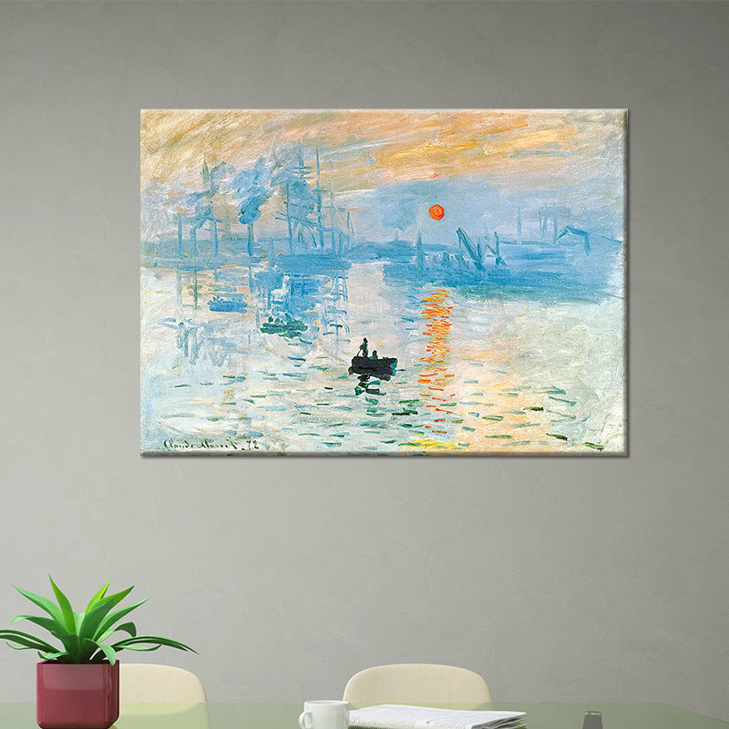 Frendorf | Blaue Landschafts Wandkunst Dekor Nachtfall Boot auf dem Fluss Modern Texturiertes Gemälde