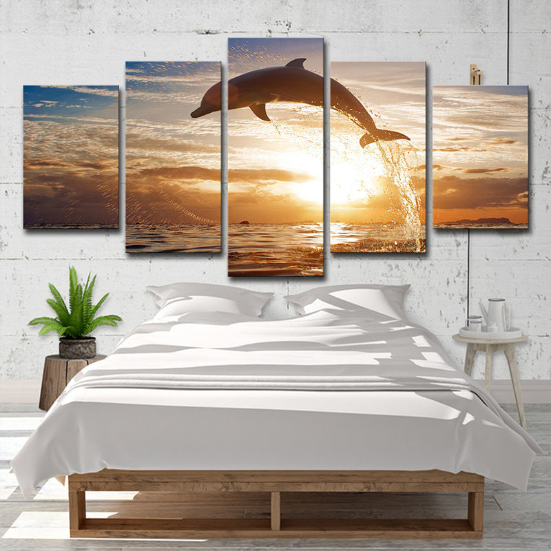 Frendorf | Braun Sonnenuntergang Wandkunst Dekoration Delfin springt aus dem Meer modernes Mehrteiliges Leinwanddruck