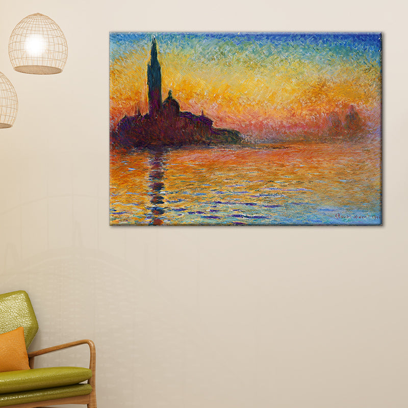 Texturiertes oranges gewickeltes Leinwand modernes Stadtbild am Fluss Sonnenuntergangslandschaft Wandkunst