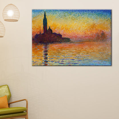 Texturiertes oranges gewickeltes Leinwand modernes Stadtbild am Fluss Sonnenuntergangslandschaft Wandkunst