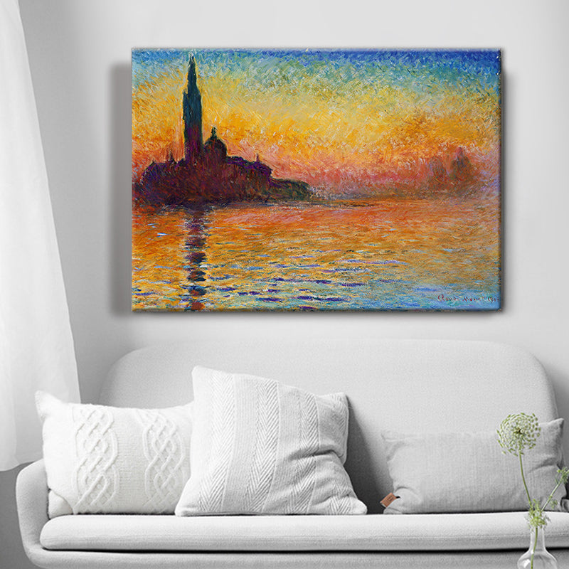Texturiertes oranges gewickeltes Leinwand modernes Stadtbild am Fluss Sonnenuntergangslandschaft Wandkunst