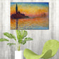Texturiertes oranges gewickeltes Leinwand modernes Stadtbild am Fluss Sonnenuntergangslandschaft Wandkunst