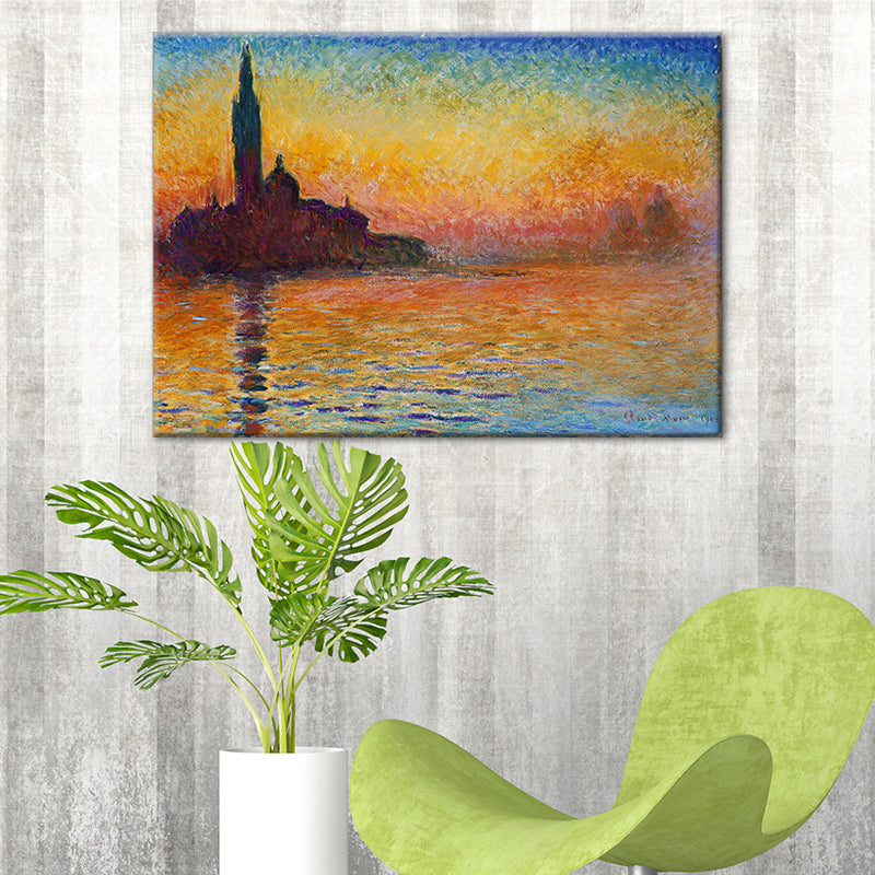 Texturiertes oranges gewickeltes Leinwand modernes Stadtbild am Fluss Sonnenuntergangslandschaft Wandkunst