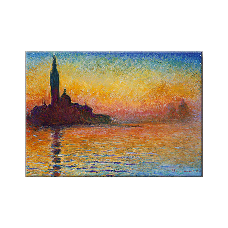 Texturiertes oranges gewickeltes Leinwand modernes Stadtbild am Fluss Sonnenuntergangslandschaft Wandkunst