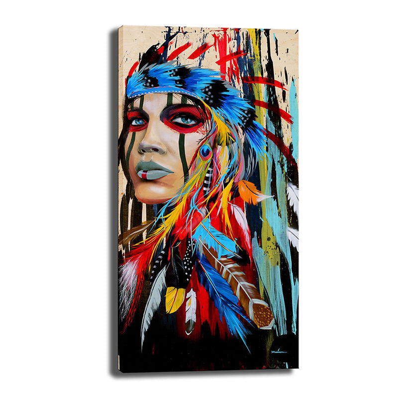 Frendorf | Stammindische Frau Wandkunst für Studio Figurenmalerei Leinwanddruck in Rot-Blau