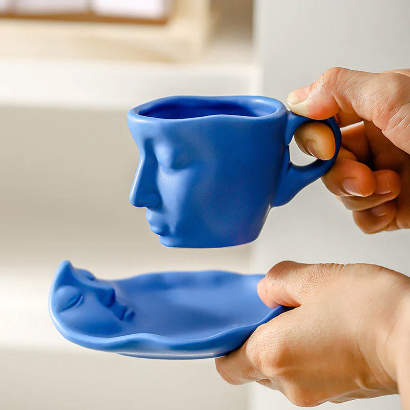 Frendorf | Metal Touching Face Kreative Keramische Kiss Kaffee Becher, Künstlerisches Vibe Becher & Untertasse Set