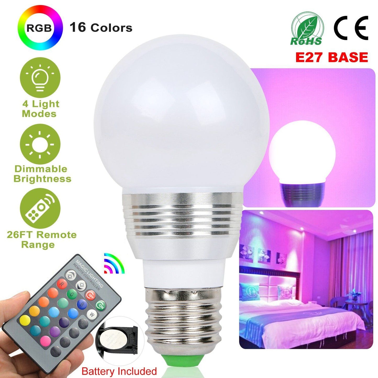 Frendorf | 16 Farben Wechsel LED-Lampen E27 3W RGD Dimmbare Stimmungsbeleuchtung Lampe